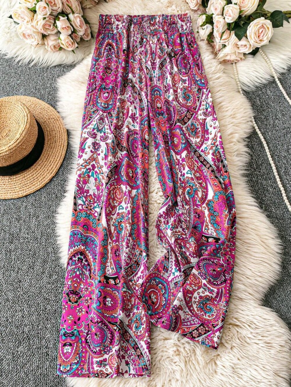 Multicolor Boho Women's Plus Size All-Over Print Wide Leg Pants